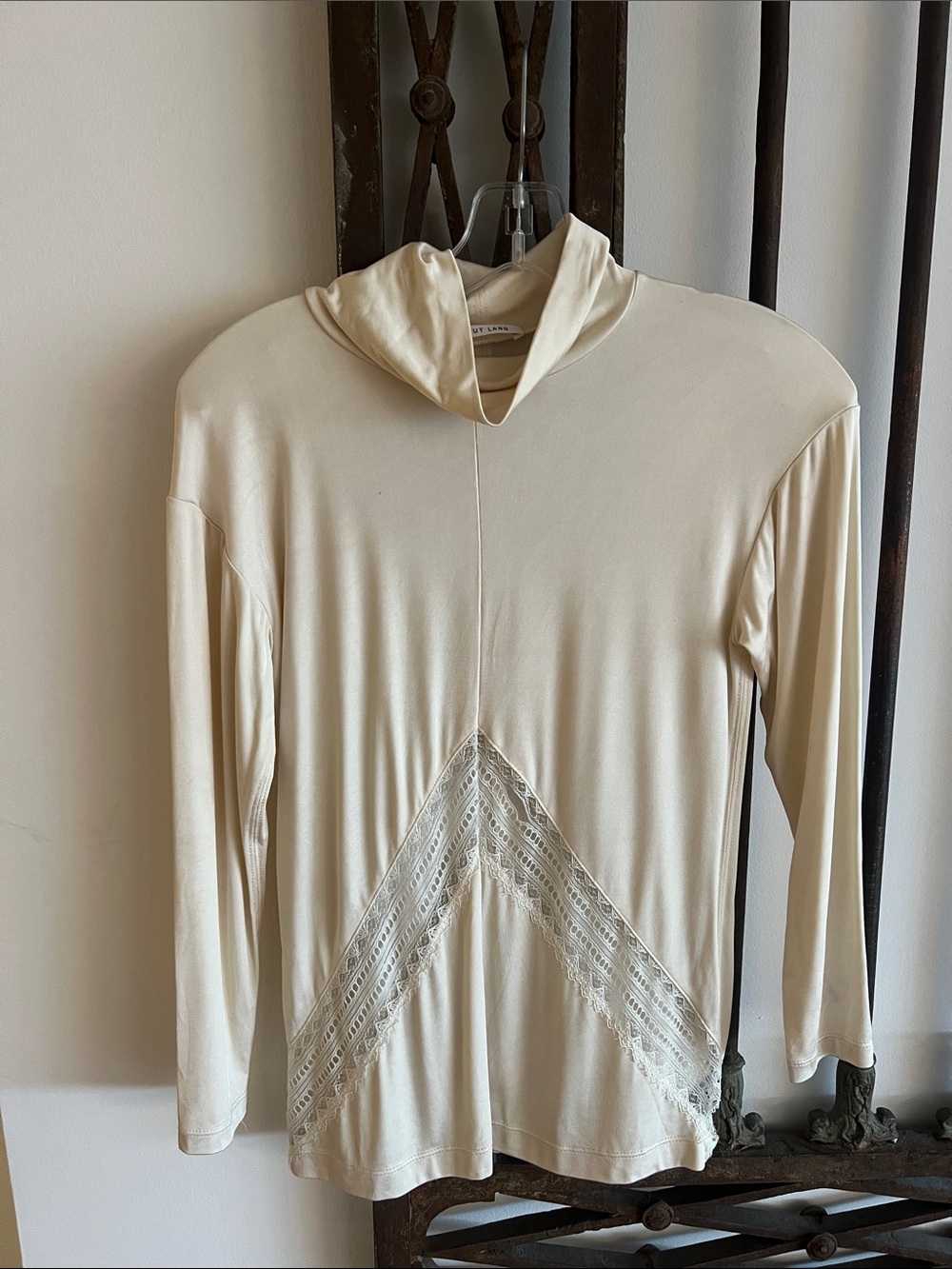 Helmut Lang Cream Cowl-Neck Lace-Trim Long Sleeve Top